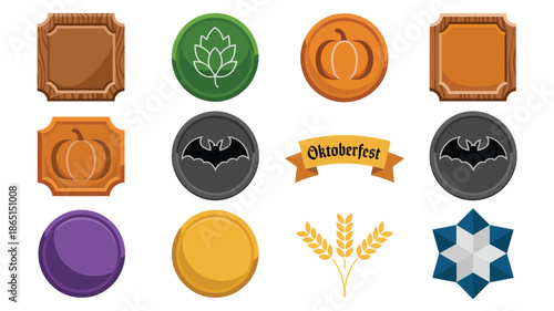 50 percent off badge icon pack with seasonal wheat, grain wreath, crystal star emblem, flat vector sale poster print template assets