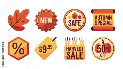Autumn harvest sale icon set with wheat grain wreath badges, discount tags, leaf accents and seasonal celebration symbols flat vector design set