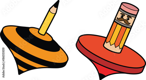 Cartoon spinning top and pencil fusion illustration with playful designs and character faces for creative toy and school themes.