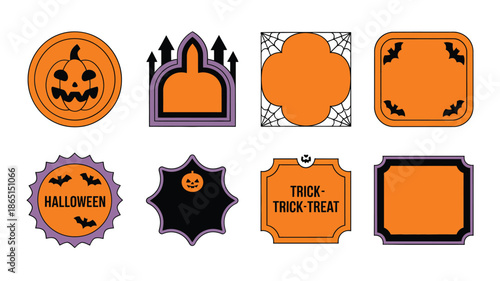 Autumn seasonal badge icon pack with pumpkin, wheat grain wreath, discount labels, leaf symbols and celebration icons flat vector icon pack