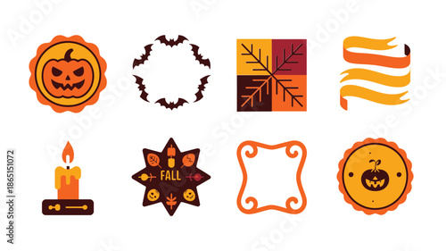 Seasonal halloween icon set with pumpkin badges, bat emblems, candy silhouette wreaths and festive vector icon pack