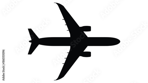 Black airplane silhouette top view isolated on white background representing aviation, air travel, commercial flight transport and airline industry