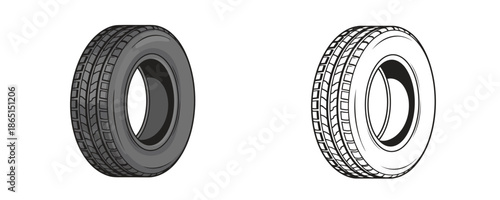 Car rubber tire shown in cartoon and line art styles gray and white colors automotive part for transport and vehicle maintenance isolated on white background