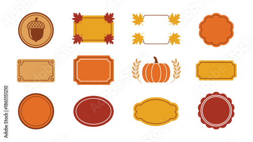 Autumn celebration event iconography set with pumpkin leaf wreath badge moon candle and grain symbols, fall season vector illustration pack