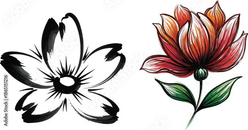 Black and white silhouette of two stylized flowers with leaves on a plain background