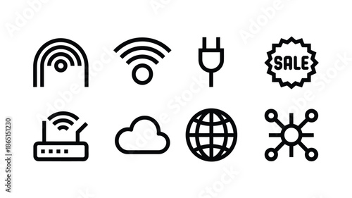 Cyber shopping connectivity icons with wifi router cloud plug globe snow node and sale badge symbols, digital retail event session vector pack