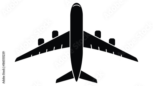 Black airplane silhouette icon isolated on white background representing commercial aviation, air travel, flight transport and airline industry