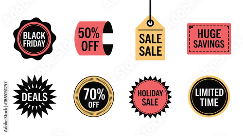 Mega savings shopping event session badges with percentage discount price tag cart deal burst and limited offer symbols, vector icon set