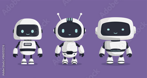 A set of cute cartoon robots. Friendly artificial intelligence and futuristic technology.