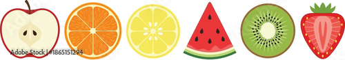 Flat vector set of 6 fruit slices apple orange lemon kiwi watermelon and strawberry