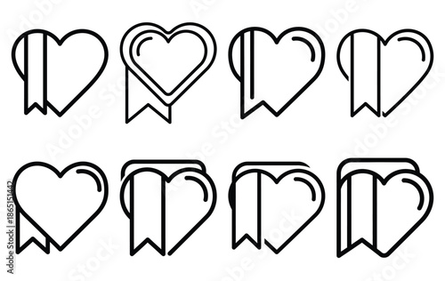 heart bookmark romance line icon set. Simple outline collection for valentines day. Editable stroke vector illustration black outline shape on transparent background.