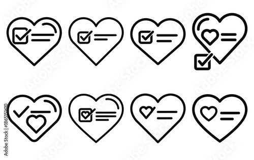 heart checklist romance line icon set. Simple outline collection for valentines day. Editable stroke vector illustration black outline shape on transparent background.