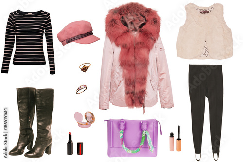 Collage woman clothing. Set of a stylish and luxurious winter jacket with fur, jeans, chelsea boots, cardigan, vest, handbag and accessories. Winter fashion. Isolated..