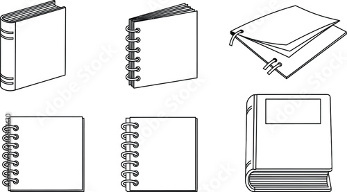 Line art vector set of 4 book binding styles perfect bound saddle stitch spiral bound and case bound