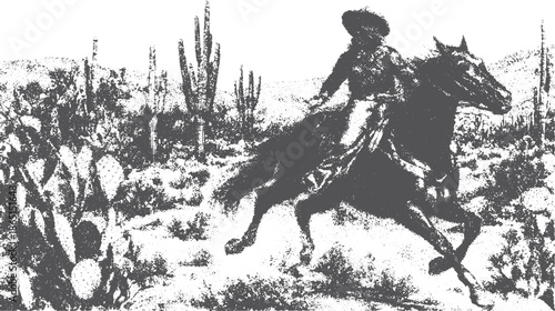 Cowboy riding a horse in a desert landscape. Black and white vector illustration featuring cacti and traditional elements of the wild west.