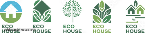 Eco house logo set with leaves, trees, and sustainable architecture for green living, nature, and environmental branding themes.