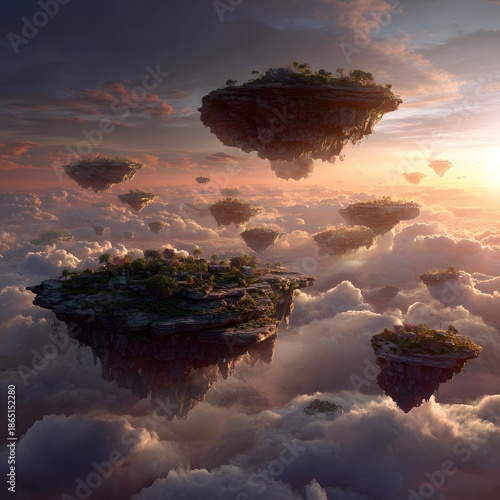 Imaginative Surreal World of Levitating Islands High Above the Clouds, ufo above the clouds