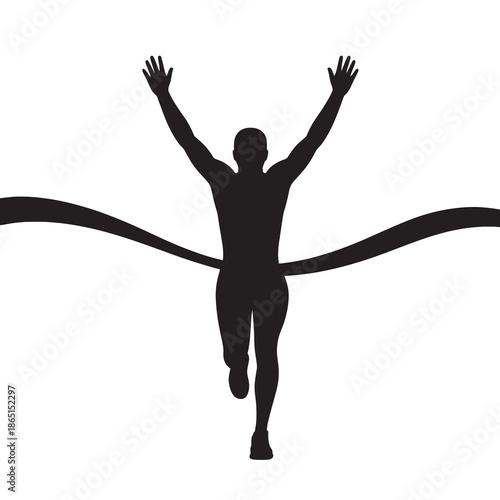 Silhouette of a runner finishing a race with arms raised in victory