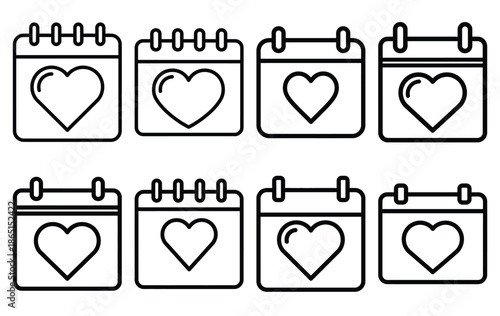 love calendar heart line icon set. Simple outline collection for valentines day. Editable stroke vector illustration black outline shape on transparent background.