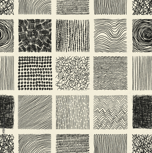 Seamless pattern ink hand drawn hatch texture. Abstract black ink lines, points, hatching, strokes and graphic design. Elements isolated on white background. Seamless pattern black vector sketch.
