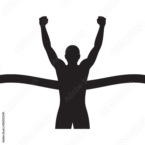 A silhouette of a triumphant runner crossing the finish line with arms raised in victory