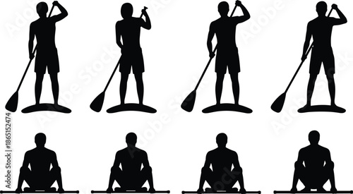 Silhouettes of paddleboarding figures in varied seated and standing poses, ideal for water sports and activity design projects.