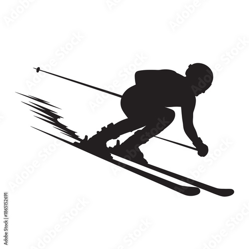 A black silhouette illustration capturing the intense speed of a skier during a downhill race