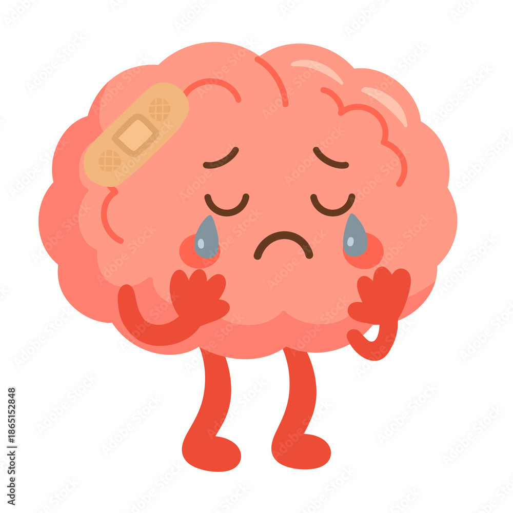 Obraz premium Cartoon Illustration of a Sad and Hurt Brain Character with a Bandage
