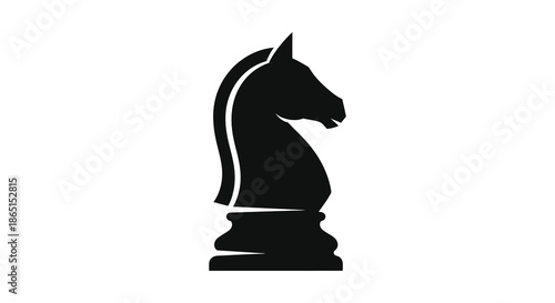 A striking black chess knight head and neck is depicted in a bold minimalist silhouette