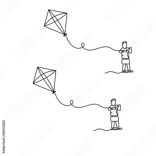 Continuous line drawing of a flying kite with a long tail, Vector
