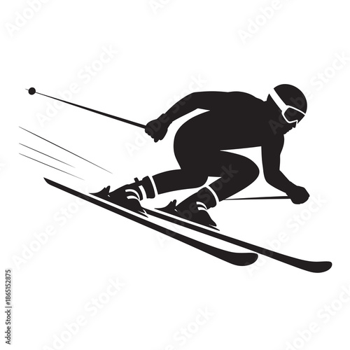 Silhouette of an alpine skier in a dynamic downhill pose on a white background