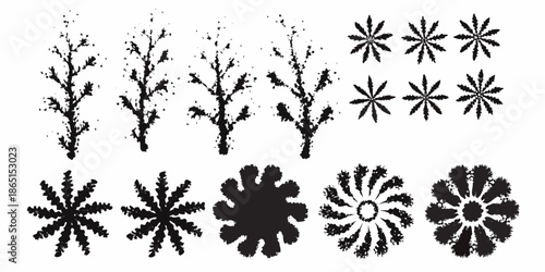 Stylized black and white silhouettes of trees and shrubbery in varied forms