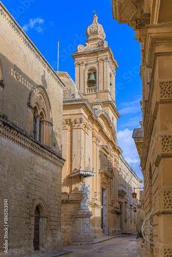 Mdina townscape, Malta: Villegaignon Street with the Annunciation Church.The Latin phrase 
