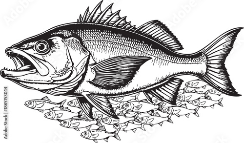 Large fish eating small fish in a school of fish predator