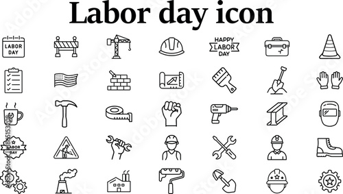 Collection of 35 labor day icons featuring tools, construction, and holiday elements  isolated on transparent background
