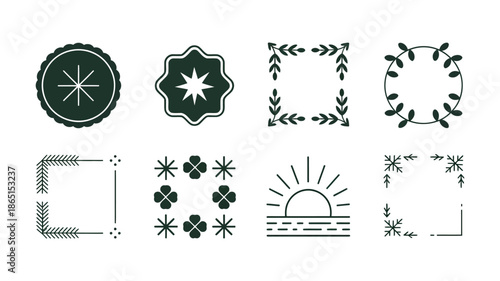 Seasonal badge frame icon set with snowflakes, laurel wreaths, starbursts, circular seals, winter decoration symbols, holiday event graphic elements vector pack