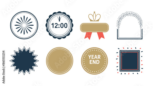 Year end awards vector set with midnight clock, ribbon badge, gold medal, starburst seal for countdown party flyer, certificate design
