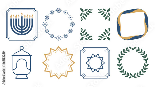 Festival of lights icon and frame vector set with menorah, star of david, snowflakes, laurel wreath, ribbon labels, printable templates