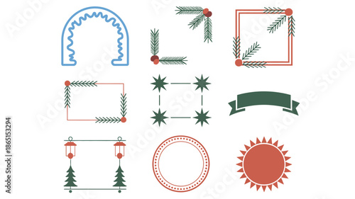 Seasonal winter design kit with snowy arch label, pine corner borders, curved banners, sunburst seals and tiny trees for prints