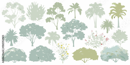 Collection of stylized trees bushes and flowering plants in muted green tones