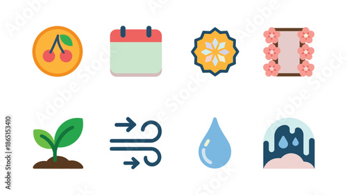 Season weather and activity icons vector set with spring sprout, wind gust, water drop, winter house, cherry calendar, floral badge