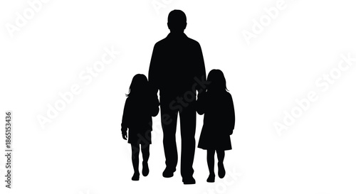 A striking black silhouette depicts a father standing with two young daughters a poignant family portrait silhouette