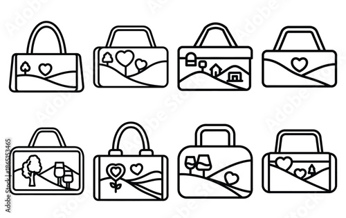 romantic countryside date line icon set. Simple outline collection for valentines day. Editable stroke vector illustration black outline shape on transparent background.