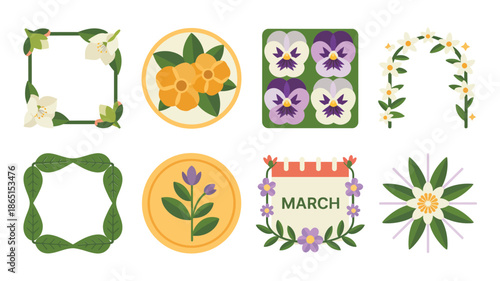 Citrus and pansy floral frames vector set with leafy wreath, square borders, March label, spring fair, garden invitation, greeting design