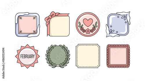 Pastel scrapbook frames with roses heart seal February badge wreath circle torn paper edges and blank labels for love messages