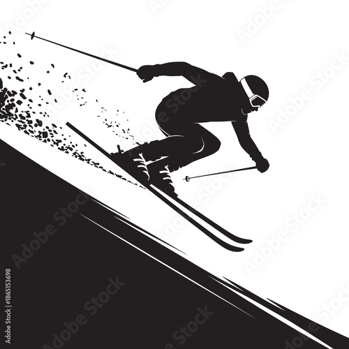 A dynamic silhouette illustration of a skier speeding down a snowy mountain slope