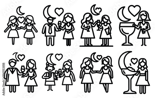 romantic night date line icon set. Simple outline collection for valentines day. Editable stroke vector illustration black outline shape on transparent background.