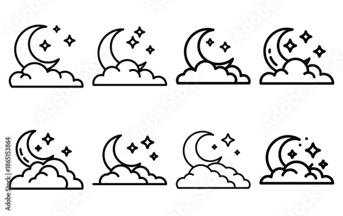 romantic night sky line icon set. Simple outline collection for valentines day. Editable stroke vector illustration black outline shape on transparent background.