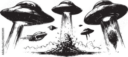 UFO abduction scene featuring flying spacecraft in black and white vector illustration. Set includes unidentified objects and a blast effect in a surreal environment.