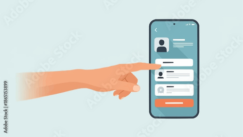 Finger touching a smartphone screen with user profile interface.